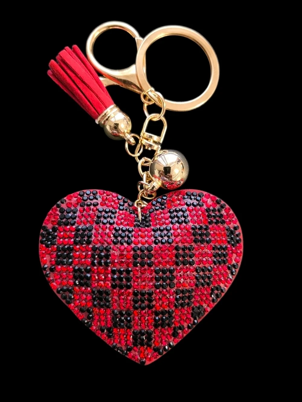 Red Checkered Heart Bag Charm Keychain with Gold Hardware